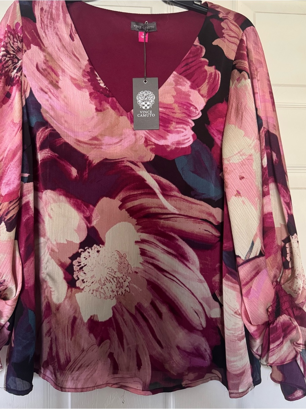 Vince Camuto Burgundy and Pink Floral V-Neck Blouse